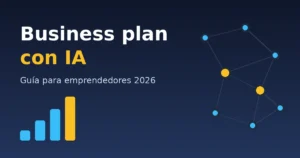 Ilustración de barras ascendentes y una red de nodos conectados con el texto business plan con IA, guía para emprendedores 2026